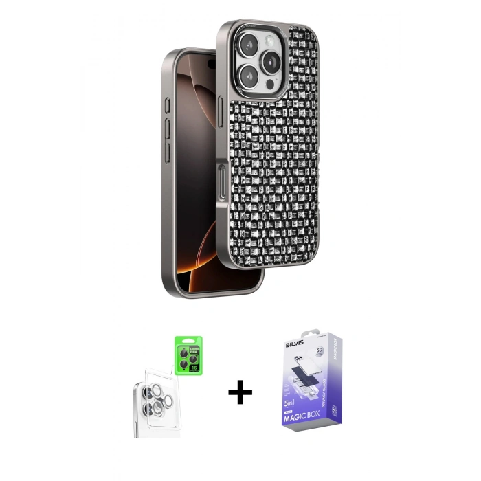 MARSİLYAN™- iPhone 16 Pro Max Kılıf Siluet Form Serisi - Siyah Bilvis 5in1 5D Magic Hayalet Cam Ekran Koruyucu + Raze Metal Kamera Lens - BZ
