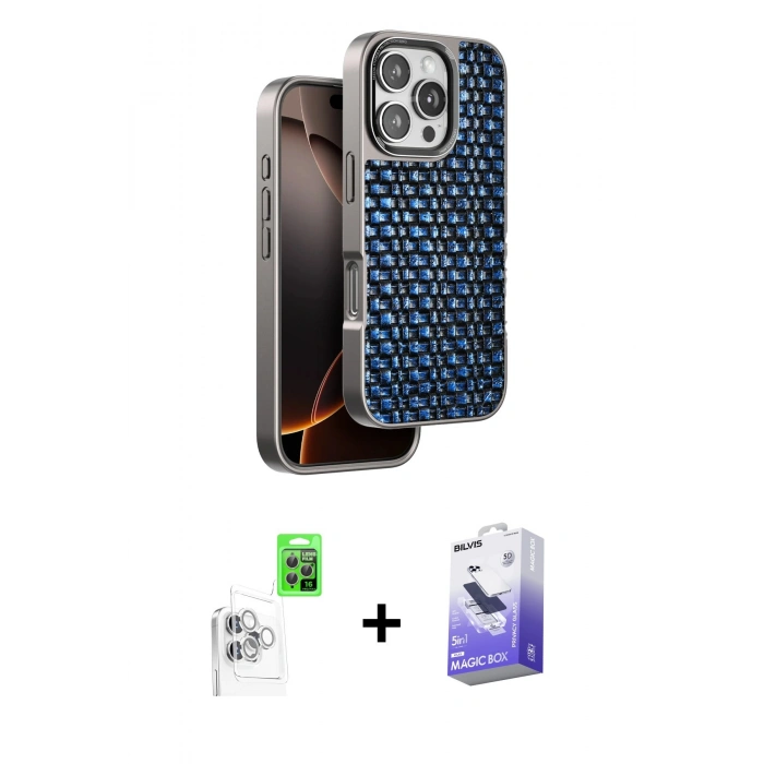 MARSİLYAN™- iPhone 16 Pro Max Kılıf Siluet Form Serisi - Siyah Bilvis 5in1 5D Magic Hayalet Cam Ekran Koruyucu + Raze Metal Kamera Lens - BZ