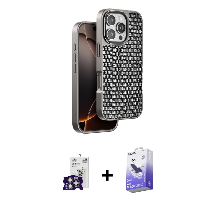 MARSİLYAN™- iPhone 16 Pro Max Kılıf Siluet Form Serisi - Siyah Bilvis 5in1 5D Magic Hayalet Cam Ekran Koruyucu + Titanyum Gri Bilvis Titan Kamera Lens
