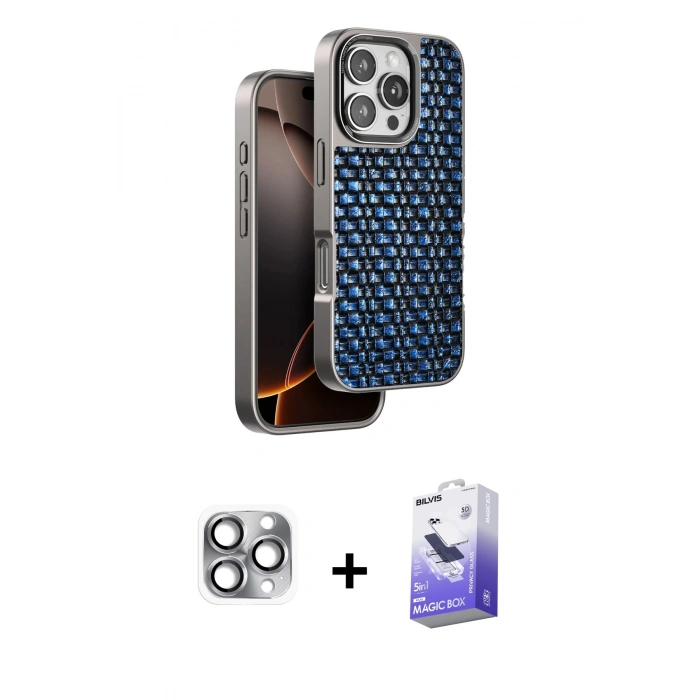 MARSİLYAN™- iPhone 16 Pro Max Kılıf Siluet Form Serisi - Siyah Bilvis 5in1 5D Magic Hayalet Cam Ekran Koruyucu + Pers Alüminyum Kamera Lens - GI
