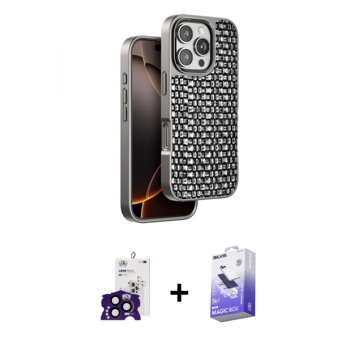 MARSİLYAN™- iPhone 16 Pro Max Kılıf Siluet Form Serisi - Siyah Bilvis 5in1 5D Magic Hayalet Cam Ekran Koruyucu + Bilvis Titan Kamera Lens - SH