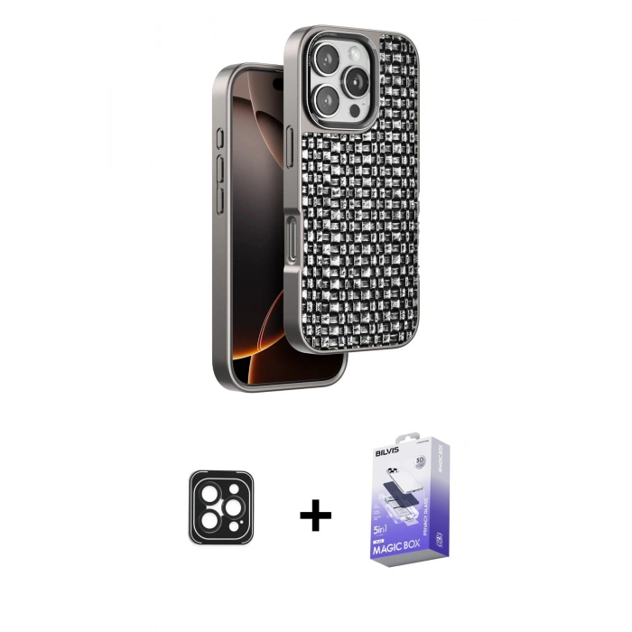 MARSİLYAN™- iPhone 16 Pro Max Kılıf Siluet Form Serisi - Siyah Bilvis 5in1 5D Magic Hayalet Cam Ekran Koruyucu + Siyah PVD Metal Kamera Lens