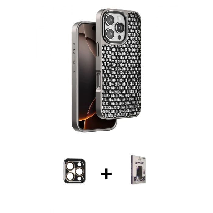 MARSİLYAN™- iPhone 16 Pro Max Kılıf Siluet Form Serisi - Siyah Bilvis Hayalet Cam Ekran Koruyucu + PVD Metal Kamera Lens - GD