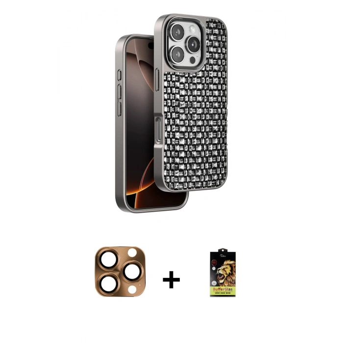 MARSİLYAN™- iPhone 16 Pro Max Kılıf Siluet Form Serisi - Siyah Buffer Cam Ekran Koruyucu + Pers Alüminyum Kamera Lens - CLTM