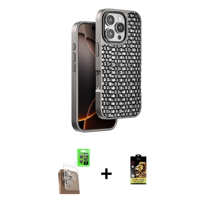 MARSİLYAN™- iPhone 16 Pro Max Kılıf Siluet Form Serisi - Siyah Buffer Cam Ekran Koruyucu + Raze Metal Kamera Lens - CLTM