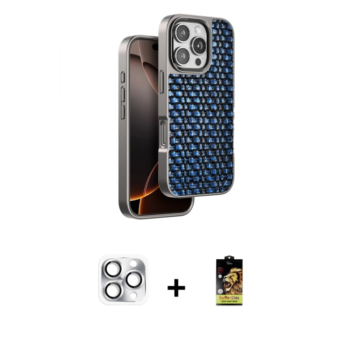 MARSİLYAN™- iPhone 16 Pro Max Kılıf Siluet Form Serisi - Siyah Buffer Cam Ekran Koruyucu + Gümüş Pers Alüminyum Kamera Lens