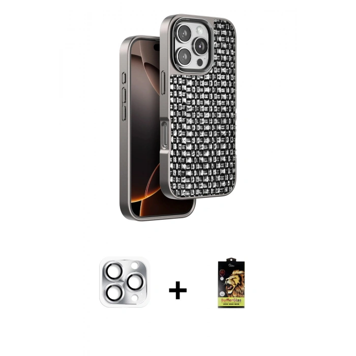 MARSİLYAN™- iPhone 16 Pro Max Kılıf Siluet Form Serisi - Siyah Buffer Cam Ekran Koruyucu + Gümüş Pers Alüminyum Kamera Lens
