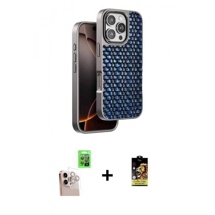 MARSİLYAN™- iPhone 16 Pro Max Kılıf Siluet Form Serisi - Siyah Buffer Cam Ekran Koruyucu + Raze Metal Kamera Lens - NLGY
