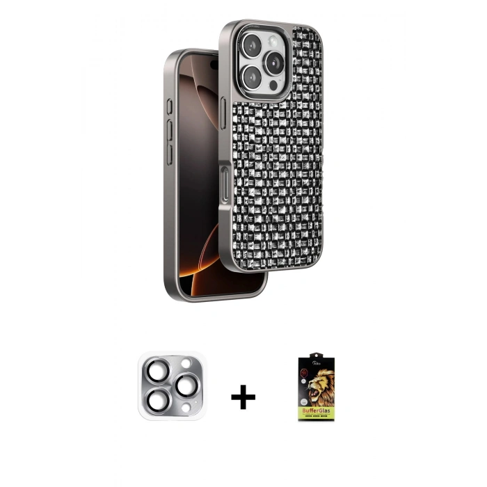MARSİLYAN™- iPhone 16 Pro Max Kılıf Siluet Form Serisi - Siyah Buffer Cam Ekran Koruyucu + Pers Alüminyum Kamera Lens - GI