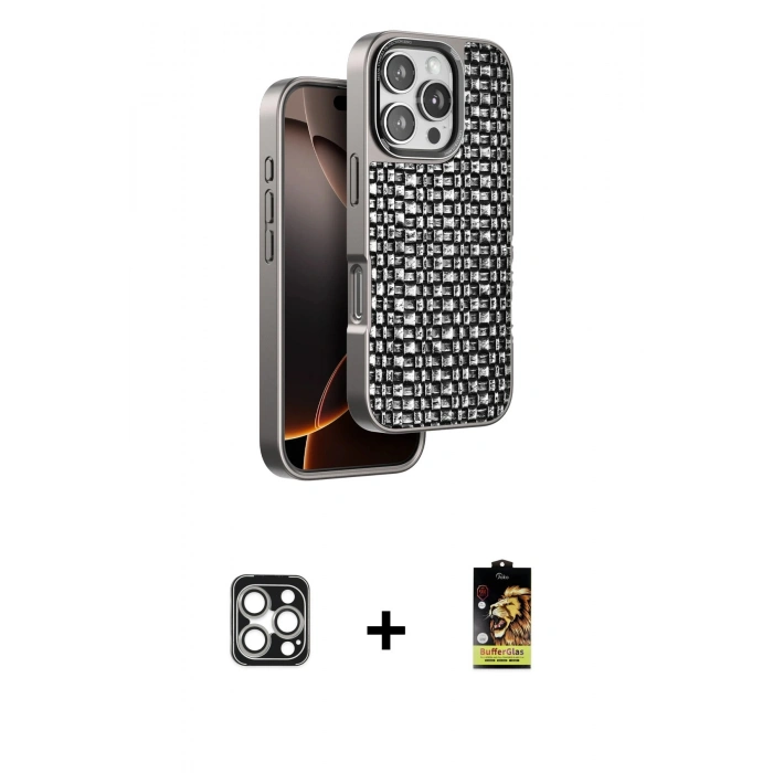 MARSİLYAN™- iPhone 16 Pro Max Kılıf Siluet Form Serisi - Siyah Buffer Cam Ekran Koruyucu + PVD Metal Kamera Lens - GS