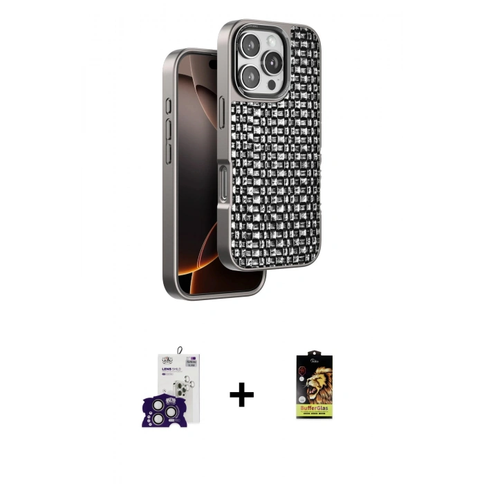 MARSİLYAN™- iPhone 16 Pro Max Kılıf Siluet Form Serisi - Siyah Buffer Cam Ekran Koruyucu + Titanyum Gri Bilvis Titan Kamera Lens