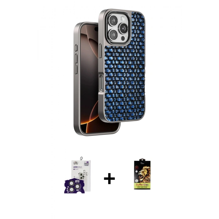 MARSİLYAN™- iPhone 16 Pro Max Kılıf Siluet Form Serisi - Siyah Buffer Cam Ekran Koruyucu + Titanyum Gri Bilvis Titan Kamera Lens