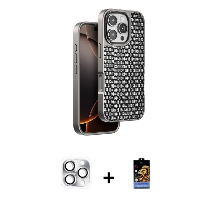 MARSİLYAN™- iPhone 16 Pro Max Kılıf Siluet Form Serisi - Siyah Buffer Hayalet Cam Ekran Koruyucu + Pers Alüminyum Kamera Lens - GS