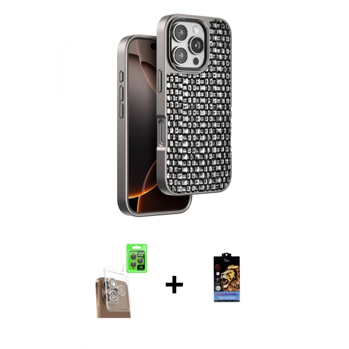 MARSİLYAN™- iPhone 16 Pro Max Kılıf Siluet Form Serisi - Siyah Buffer Hayalet Cam Ekran Koruyucu + Raze Metal Kamera Lens - CLTM