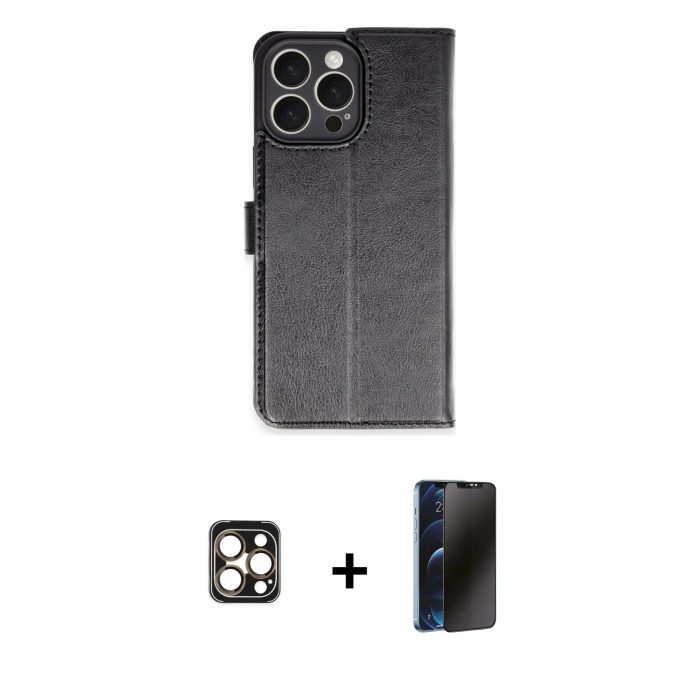 MARSİLYAN™- iPhone 16 Pro Max Kılıf Siluet Işık Serisi - Siyah 3D Antistatik Hayalet Cam Ekran Koruyucu + PVD Metal Kamera Lens - GD