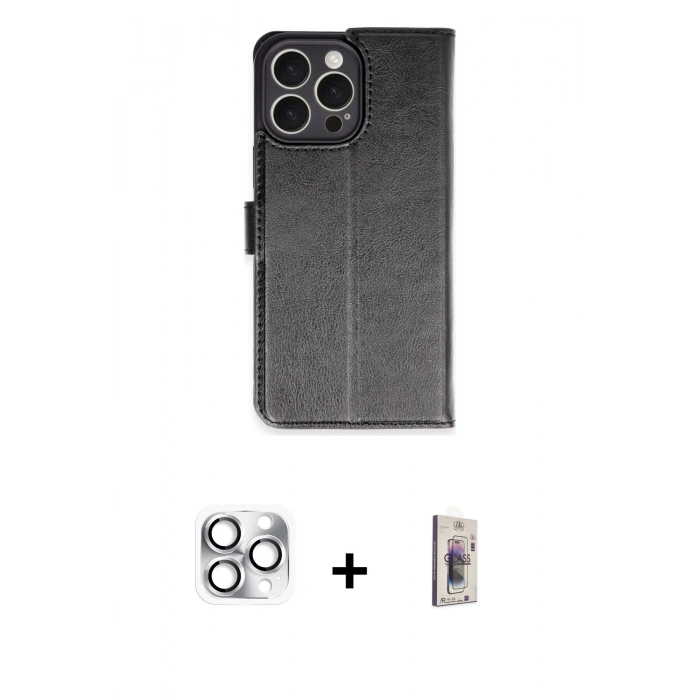 MARSİLYAN™- iPhone 16 Pro Max Kılıf Siluet Işık Serisi - Siyah Bilvis 3D Cam Ekran Koruyucu + Gümüş Pers Alüminyum Kamera Lens