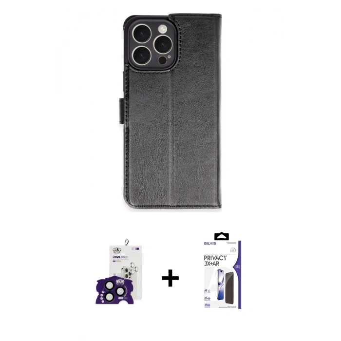 MARSİLYAN™- iPhone 16 Pro Max Kılıf Siluet Işık Serisi - Siyah Bilvis 3X AR Hayalet Cam Ekran Koruyucu + Bilvis Titan Kamera Lens - SH