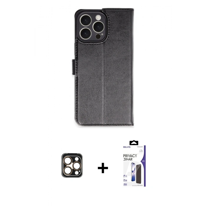 MARSİLYAN™- iPhone 16 Pro Max Kılıf Siluet Işık Serisi - Siyah Bilvis 3X AR Hayalet Cam Ekran Koruyucu + PVD Metal Kamera Lens - GD