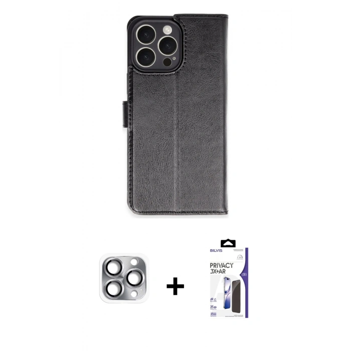 MARSİLYAN™- iPhone 16 Pro Max Kılıf Siluet Işık Serisi - Siyah Bilvis 3X AR Hayalet Cam Ekran Koruyucu + Pers Alüminyum Kamera Lens - GI