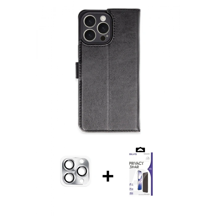 MARSİLYAN™- iPhone 16 Pro Max Kılıf Siluet Işık Serisi - Siyah Bilvis 3X AR Hayalet Cam Ekran Koruyucu + Pers Alüminyum Kamera Lens - GS