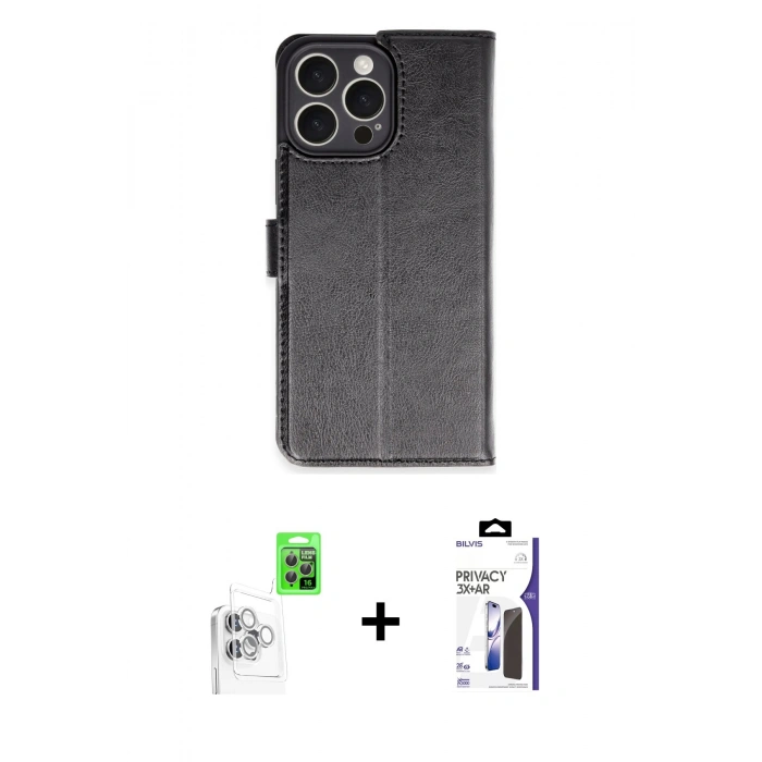 MARSİLYAN™- iPhone 16 Pro Max Kılıf Siluet Işık Serisi - Siyah Bilvis 3X AR Hayalet Cam Ekran Koruyucu + Raze Metal Kamera Lens - BZ