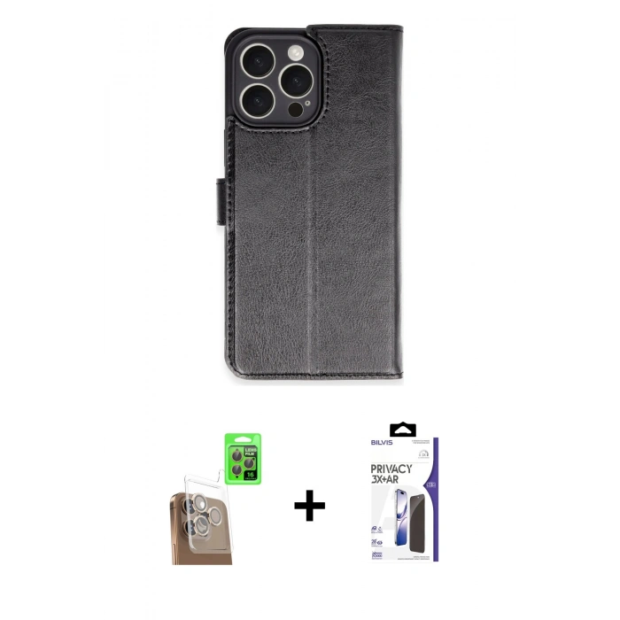 MARSİLYAN™- iPhone 16 Pro Max Kılıf Siluet Işık Serisi - Siyah Bilvis 3X AR Hayalet Cam Ekran Koruyucu + Raze Metal Kamera Lens - CLTM