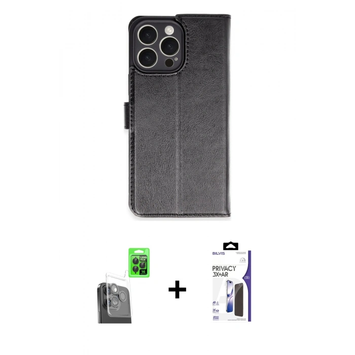 MARSİLYAN™- iPhone 16 Pro Max Kılıf Siluet Işık Serisi - Siyah Bilvis 3X AR Hayalet Cam Ekran Koruyucu + Raze Metal Kamera Lens - SH