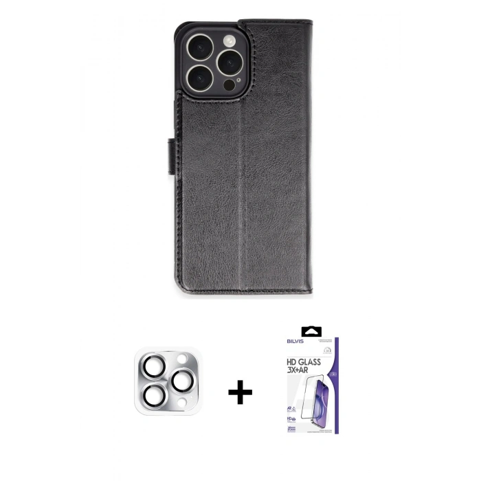 MARSİLYAN™- iPhone 16 Pro Max Kılıf Siluet Işık Serisi - Siyah Bilvis 3X AR HD Cam Ekran Koruyucu + Pers Alüminyum Kamera Lens - GS