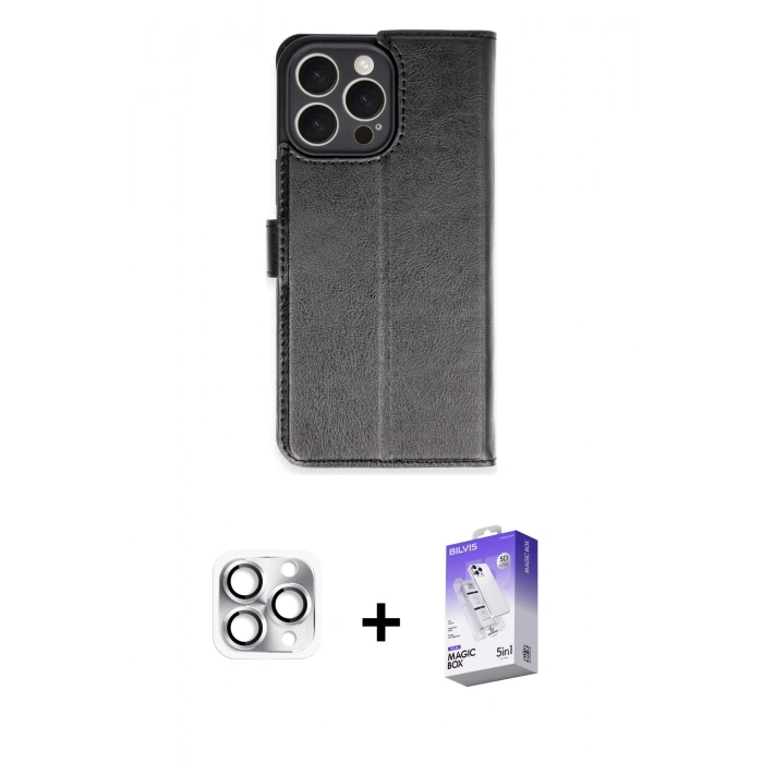 MARSİLYAN™- iPhone 16 Pro Max Kılıf Siluet Işık Serisi - Siyah Bilvis 5in1 3D Magic Cam Ekran Koruyucu + Pers Alüminyum Kamera Lens - GS