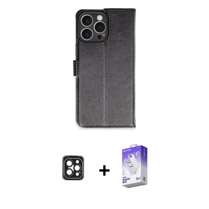 MARSİLYAN™- iPhone 16 Pro Max Kılıf Siluet Işık Serisi - Siyah Bilvis 5in1 3D Magic Cam Ekran Koruyucu + PVD Metal Kamera Lens - SH