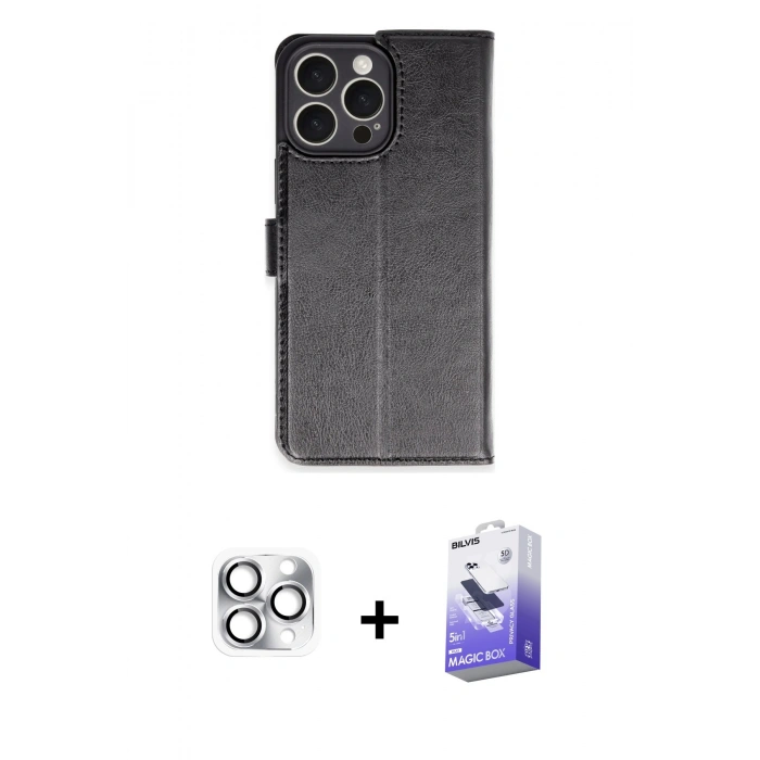 MARSİLYAN™- iPhone 16 Pro Max Kılıf Siluet Işık Serisi - Siyah Bilvis 5in1 5D Magic Hayalet Cam Ekran Koruyucu + Pers Alüminyum Kamera Lens - GS