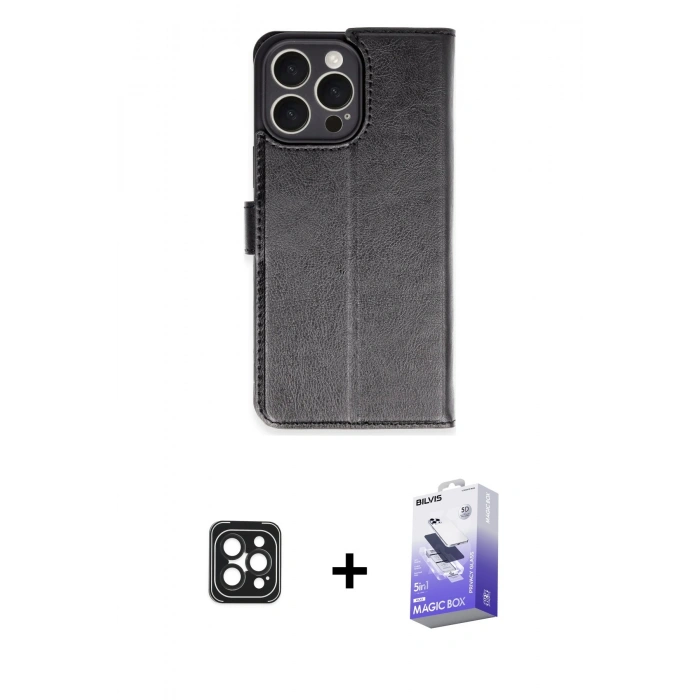 MARSİLYAN™- iPhone 16 Pro Max Kılıf Siluet Işık Serisi - Siyah Bilvis 5in1 5D Magic Hayalet Cam Ekran Koruyucu + PVD Metal Kamera Lens - SH
