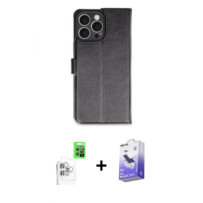 MARSİLYAN™- iPhone 16 Pro Max Kılıf Siluet Işık Serisi - Siyah Bilvis 5in1 5D Magic Hayalet Cam Ekran Koruyucu + Raze Metal Kamera Lens - BZ