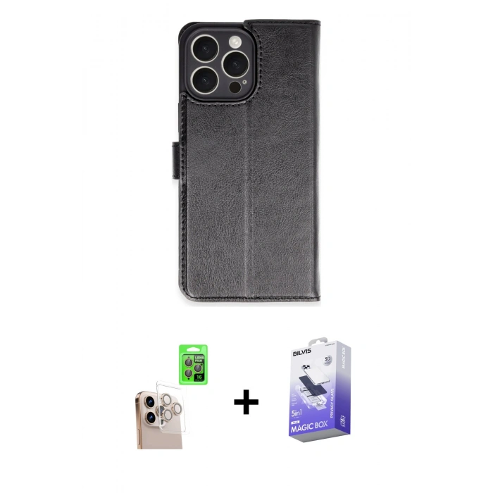 MARSİLYAN™- iPhone 16 Pro Max Kılıf Siluet Işık Serisi - Siyah Bilvis 5in1 5D Magic Hayalet Cam Ekran Koruyucu + Raze Metal Kamera Lens - NLGY