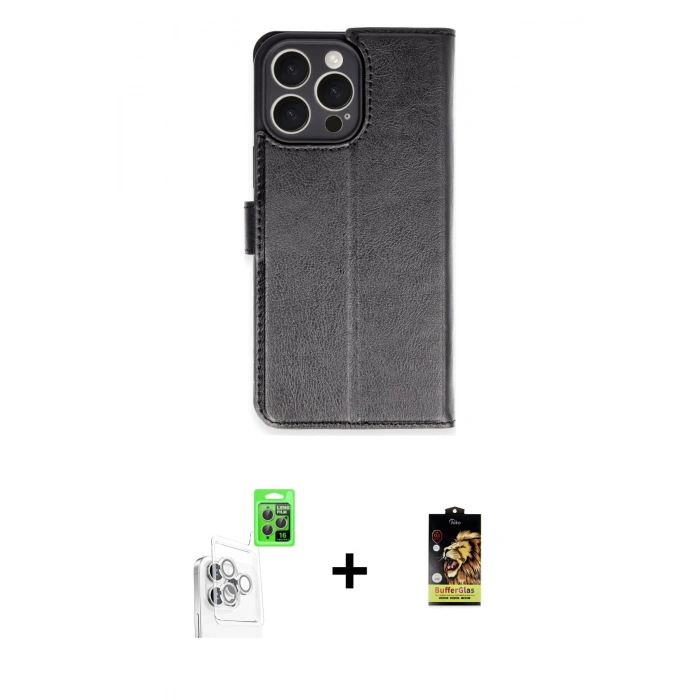 MARSİLYAN™- iPhone 16 Pro Max Kılıf Siluet Işık Serisi - Siyah Buffer Cam Ekran Koruyucu + Beyaz Raze Metal Kamera Lens