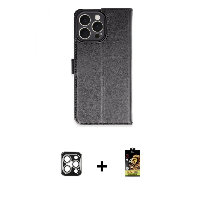 MARSİLYAN™- iPhone 16 Pro Max Kılıf Siluet Işık Serisi - Siyah Buffer Cam Ekran Koruyucu + PVD Metal Kamera Lens - GS