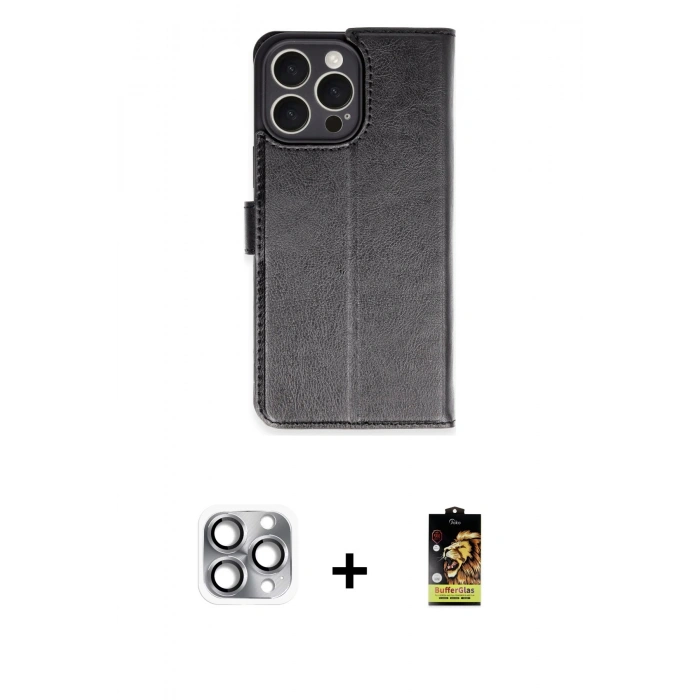 MARSİLYAN™- iPhone 16 Pro Max Kılıf Siluet Işık Serisi - Siyah Buffer Cam Ekran Koruyucu + Pers Alüminyum Kamera Lens - GI