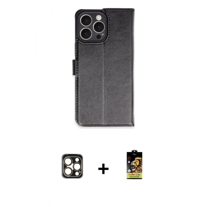 MARSİLYAN™- iPhone 16 Pro Max Kılıf Siluet Işık Serisi - Siyah Buffer Cam Ekran Koruyucu + PVD Metal Kamera Lens - GD