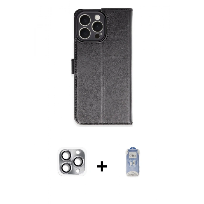 MARSİLYAN™- iPhone 16 Pro Max Kılıf Siluet Işık Serisi - Siyah Joko Magic 5D Cam + Gri Pers Alüminyum Kamera Lens