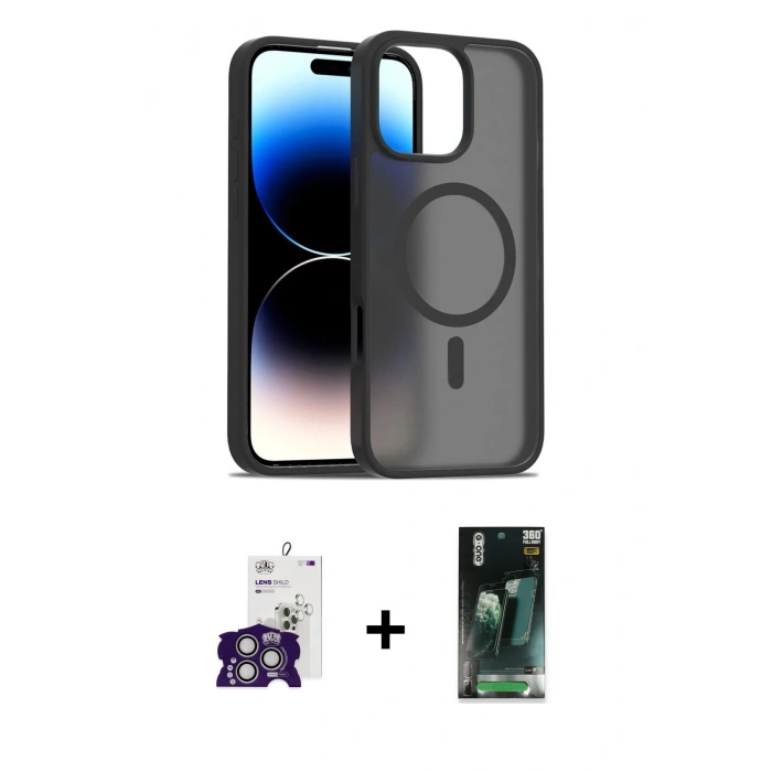 MARSİLYAN™- iPhone 16 Pro Max Kılıf Siluet Minimal Prime - Siyah 360 Mat Full Body Arka Koruyucu + Bilvis Titan Kamera Lens - GS