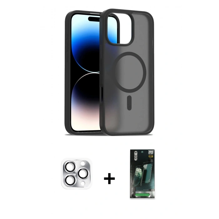 MARSİLYAN™- iPhone 16 Pro Max Kılıf Siluet Minimal Prime - Siyah 360 Mat Full Body Arka Koruyucu + Gümüş Pers Alüminyum Kamera Lens