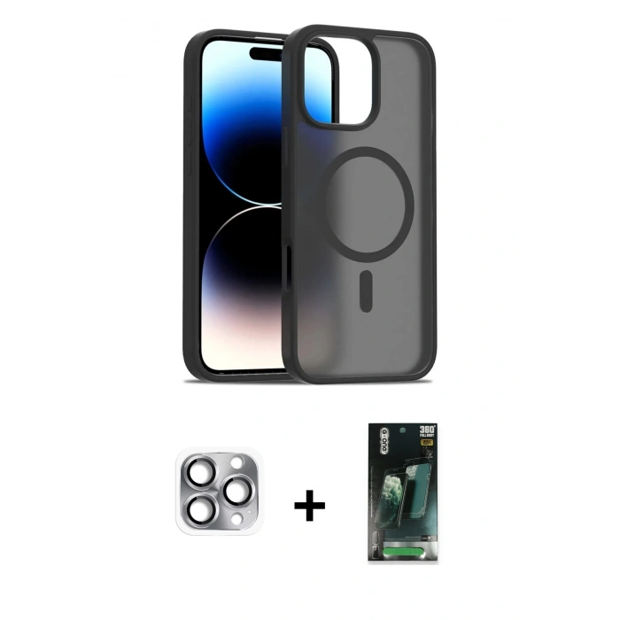 MARSİLYAN™- iPhone 16 Pro Max Kılıf Siluet Minimal Prime - Siyah 360 Mat Full Body Arka Koruyucu + Pers Alüminyum Kamera Lens - GI