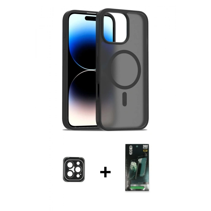MARSİLYAN™- iPhone 16 Pro Max Kılıf Siluet Minimal Prime - Siyah 360 Mat Full Body Arka Koruyucu + Siyah PVD Metal Kamera Lens