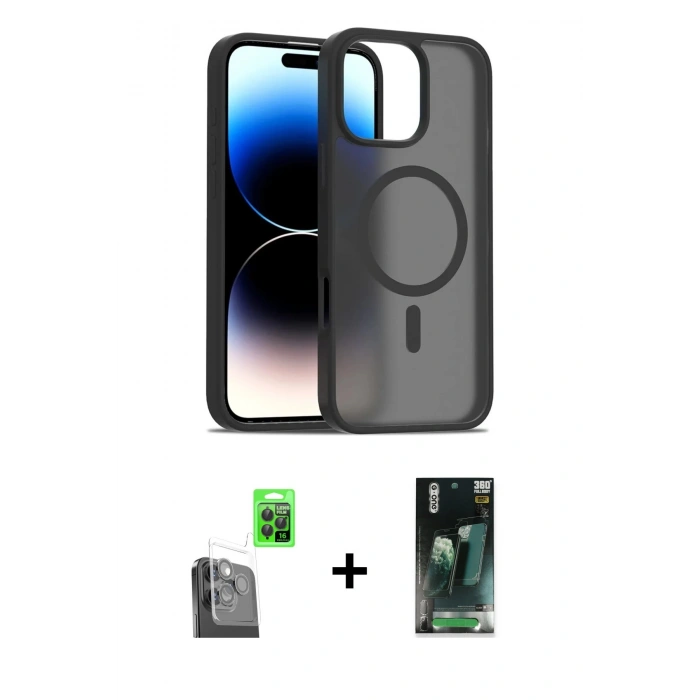 MARSİLYAN™- iPhone 16 Pro Max Kılıf Siluet Minimal Prime - Siyah 360 Mat Full Body Arka Koruyucu + Raze Metal Kamera Lens - SH