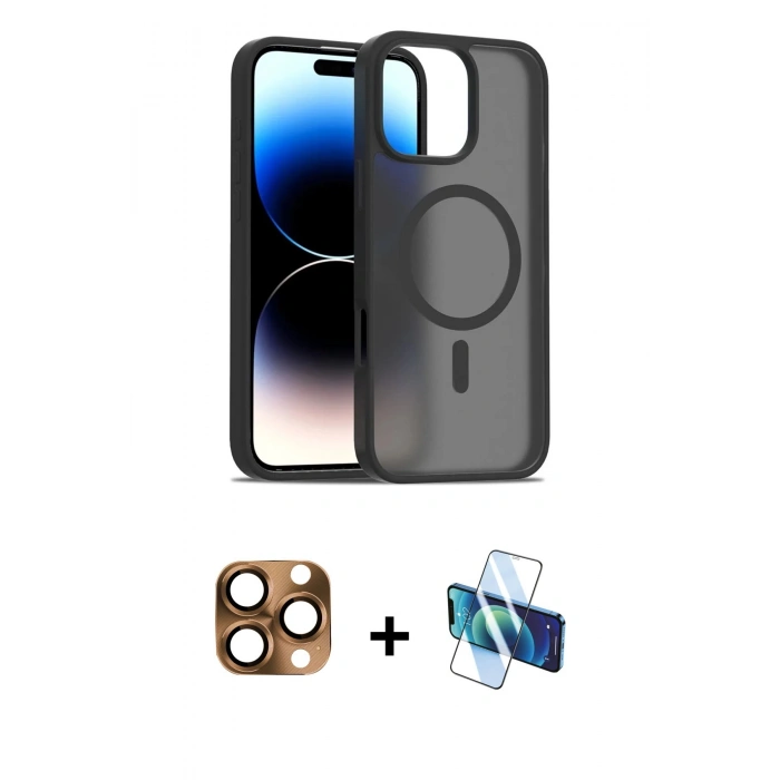 MARSİLYAN™- iPhone 16 Pro Max Kılıf Siluet Minimal Prime - Siyah 3D Antistatik Cam Ekran Koruyucu + Pers Alüminyum Kamera Lens - CLTM