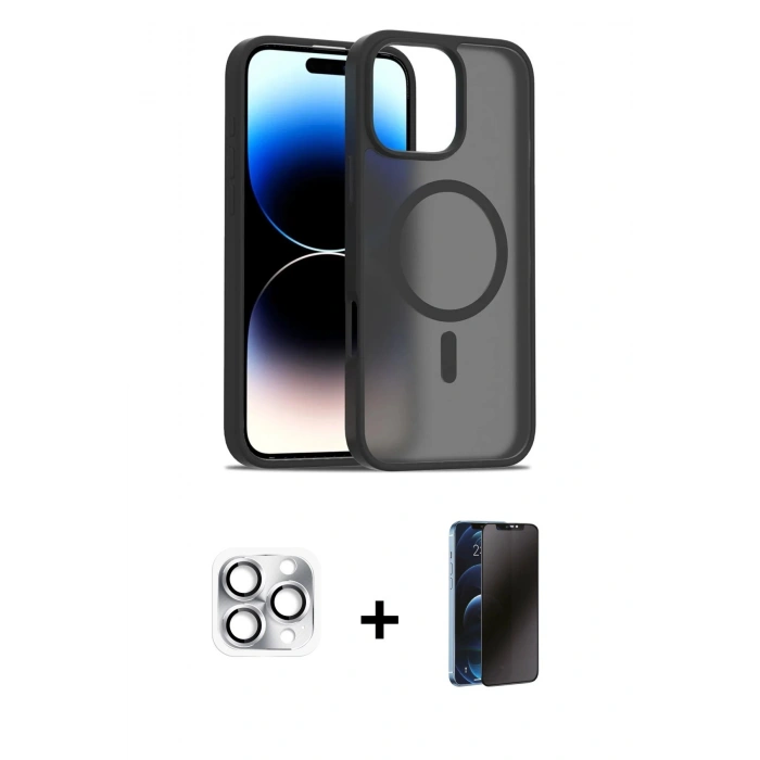 MARSİLYAN™- iPhone 16 Pro Max Kılıf Siluet Minimal Prime - Siyah 3D Antistatik Hayalet Cam Ekran Koruyucu + Pers Alüminyum Kamera Lens - GS