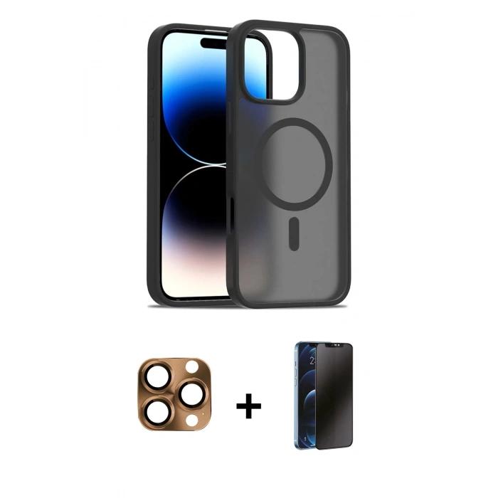 MARSİLYAN™- iPhone 16 Pro Max Kılıf Siluet Minimal Prime - Siyah 3D Antistatik Hayalet Cam Ekran Koruyucu + Pers Alüminyum Kamera Lens - CLTM