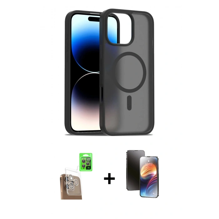 MARSİLYAN™- iPhone 16 Pro Max Kılıf Siluet Minimal Prime - Siyah 3D Antistatik Mat Seramik Nano Ekran Koruyucu + Raze Metal Kamera Lens - CLTM