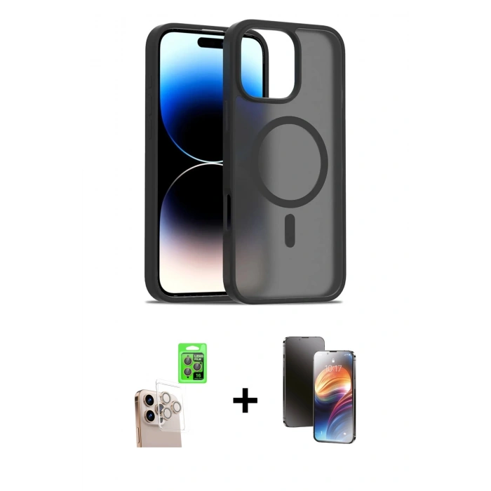 MARSİLYAN™- iPhone 16 Pro Max Kılıf Siluet Minimal Prime - Siyah 3D Antistatik Mat Seramik Nano Ekran Koruyucu + Raze Metal Kamera Lens - NLGY