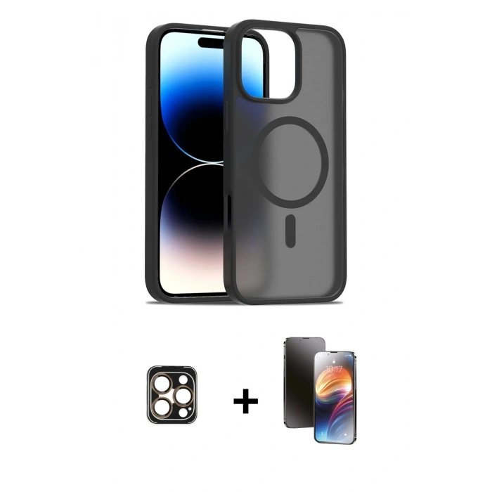 MARSİLYAN™- iPhone 16 Pro Max Kılıf Siluet Minimal Prime - Siyah 3D Antistatik Mat Seramik Nano Ekran Koruyucu + PVD Metal Kamera Lens - GD
